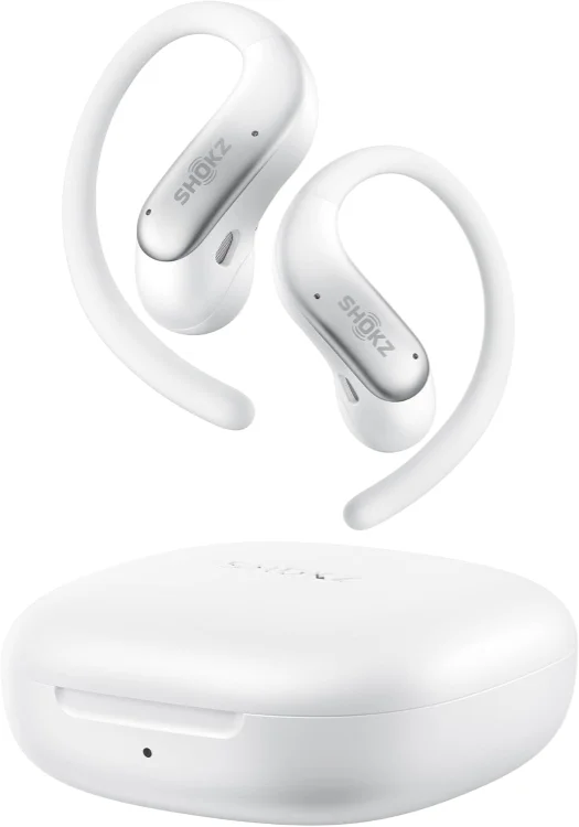 Écouteurs Shokz OpenFit Air 2 blancs avec leur boîtier de charge