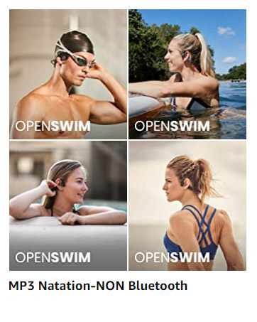 Vignette ayant pour titre MP3 Natation-NON Bluetooth. 4 Photos sont collées présentant des personnes d'à peu près 35 ans en maillot de bain avec un casque à conduction osseuse. Sur la photo 1, il s'agit d'un homme avec bonnet de bain et lunettes de natation. Il est écrit OpenSwim. Sur la photo 2, c'est une femme dans l'eau, elle est blonde avec une queue de cheval et porte un soutien gorge maillot de bain. Il est écrit OpenSwim. Sur la photo 4, c'est une femme au bord d'une piscine. Il est écrit OpenSwim. La 4e photo présente aussi une femme en maillot (brassière bleue), vue de dos. Il est écrit OpenSwim.