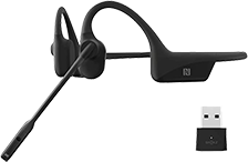 photo d'un casque à conduction osseuse noir, accompagné d'un microphone intégré et d'un dongle (espèce de petite clé USB)