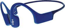 photo d'un casque à conduction osseuse bleu nuit sans fil. Il est écrit sur le côté en petit Shokz